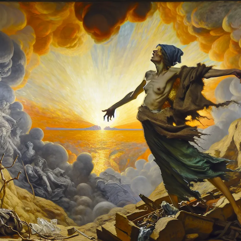 Barokke voorstelling van een krachtige vrouw die ambitie en hoop symboliseert, staand op een klif met uitgestrekte armen naar een stralende horizon, symbool voor verlangen naar een beter leven