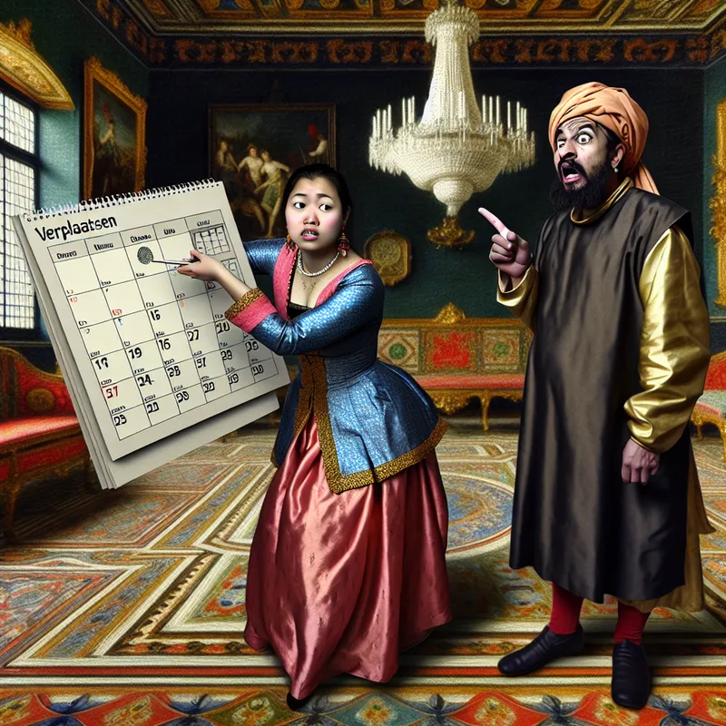 Twee elegant geklede mensen in een barokke kamer met een kalender, waarbij een persoon wijst naar een datum terwijl de ander verrast kijkt.