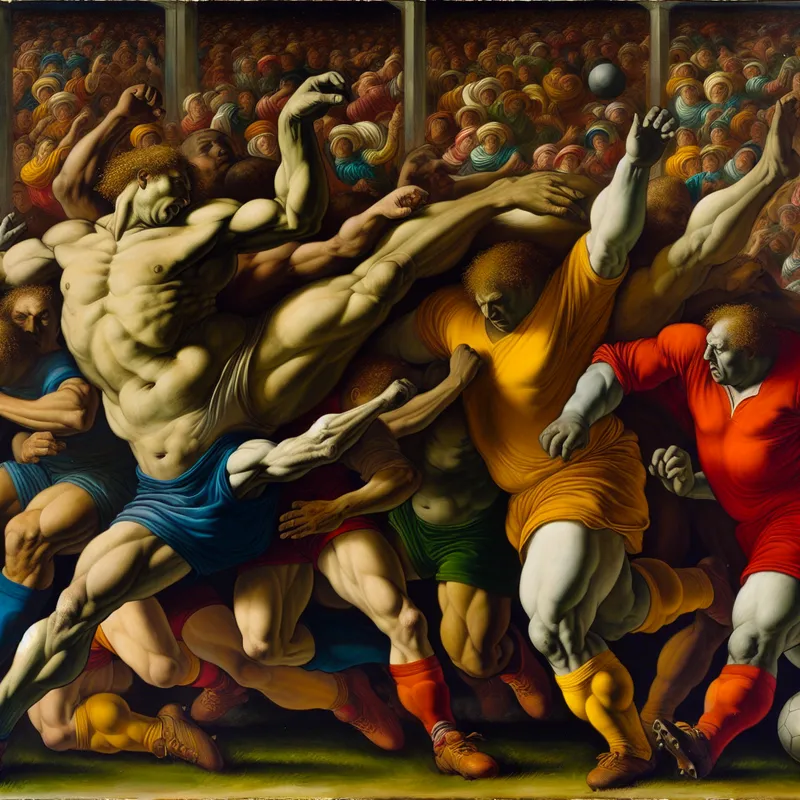Barokke schilderkunst van een cruciale voetbalmoment waarbij de achterhoede van een team de aanval van de tegenstander blokkeert met heroïsche inspanning en dynamiek