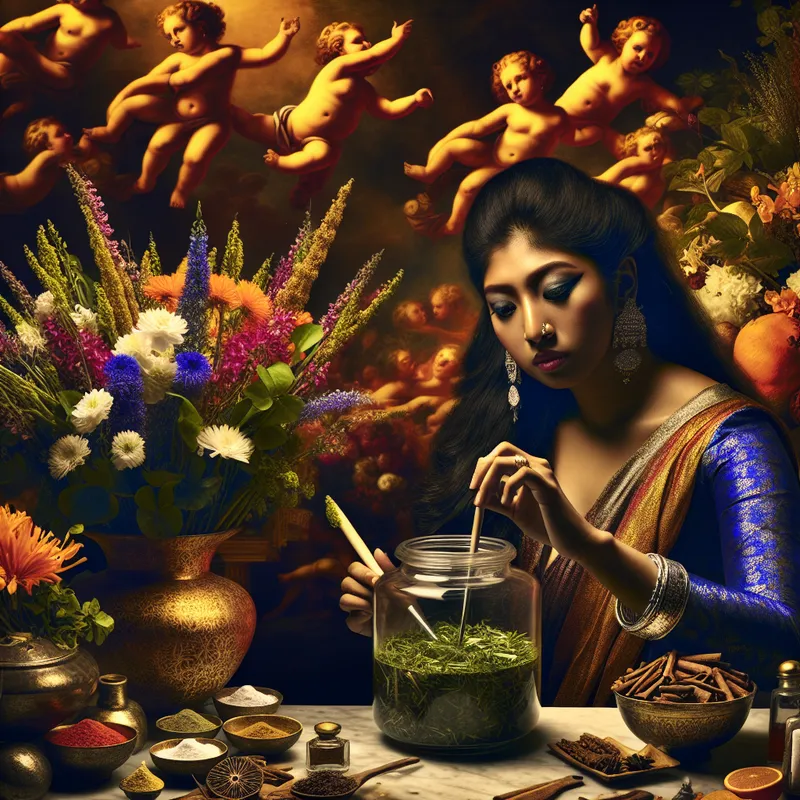 Een vrouw in een barokke setting mengt kruiden in een glazen pot, omringd door bloemen en kruiden.
