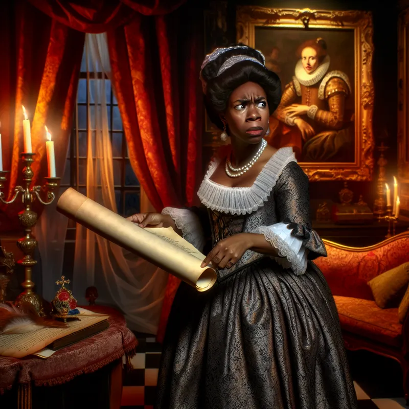 Een vrouw in 17e-eeuwse kleding met een pensive uitstraling, staand in een sfeervol verlichte Barok kamer met kunst en meubels. Ze kijkt argwanend naar een perkament in haar hand.