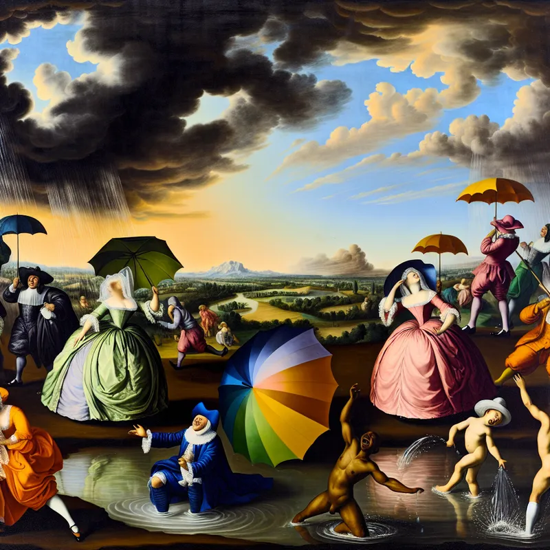 Een barok schilderij met een dramatische lucht vol donkere stormwolken en heldere zonstralen die doorbreken, met een groep mensen die onder kleurige parasols schuilen en in plassen spetteren.