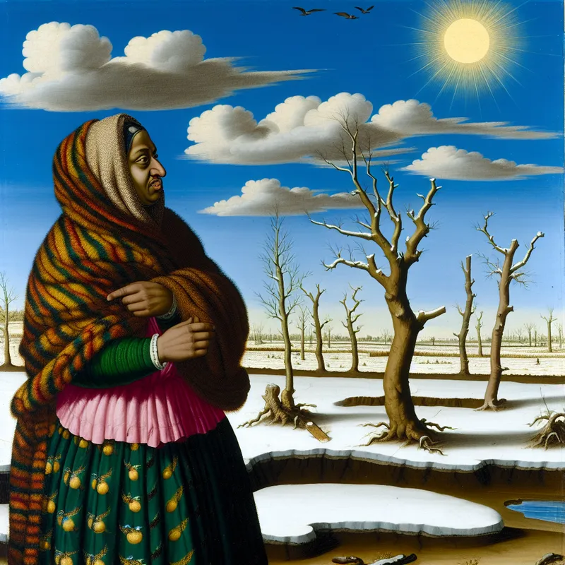 Persoon staande in droog winterlandschap, kijkend naar de lucht met glimlach, in barokstijl