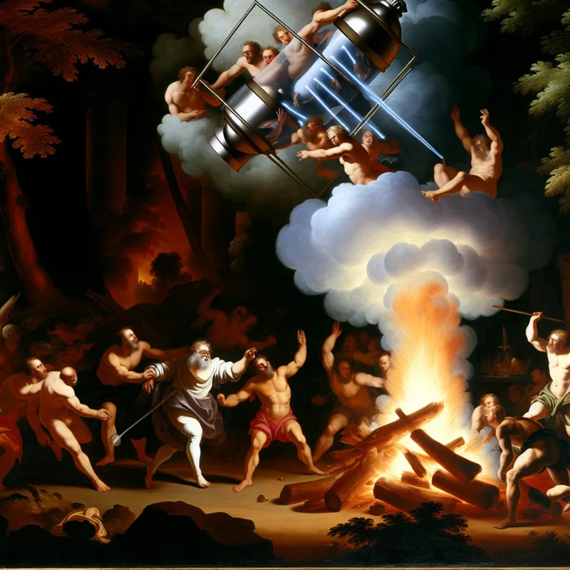 Een Barok scène met gespierde figuren die hout verbranden, terwijl een grote zuurstoftank het vuur verlicht.