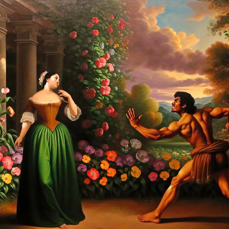 Een vrouw in een weelderige tuin draait zich om naar een man die haar naam roept, geschilderd in barokke stijl.