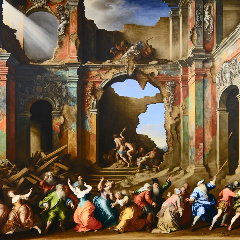 Barokke scène van een verval van een kleurrijke muur met dynamische figuren die proberen deze te herstellen