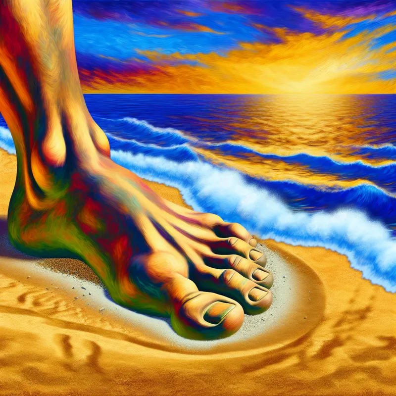 Een levensechte afdruk van een voet in het zand, omringd door golven en een gouden zonsondergang op de achtergrond.