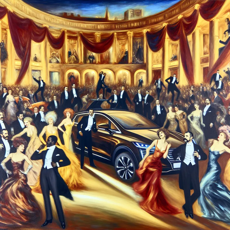 Barokke tentoonstellingsscène met elegante figuren rond glanzende auto's in een weelderige setting, geïnspireerd op Peter Paul Rubens