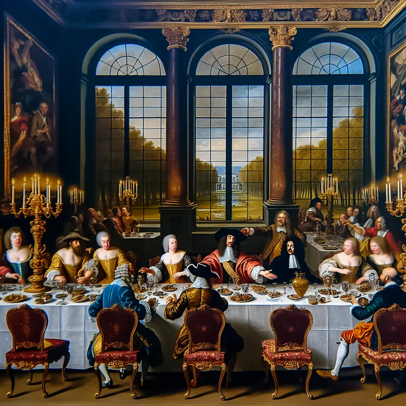 Een barokke banketscène met een centraal figure in formele outfit aan een lange eettafel, omringd door diverse gasten in levendige conversatie.