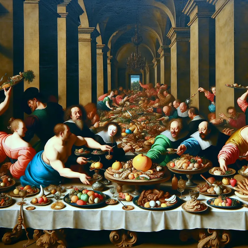 Barokke scène met een uitbundig tafel met overvloedig voedsel en een groot leeg bord in het midden