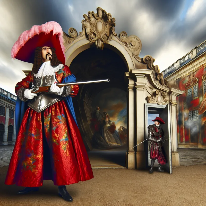 Barokke bewaker in rode mantel en glanzend harnas houdt de wacht bij een weelderige paleispoort en ziet een verdachte figuur in de schaduw