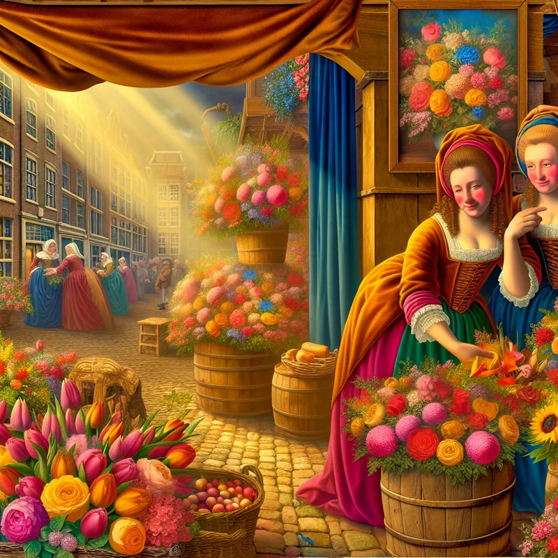 Barokke bloemenwinkel uit de 17e eeuw met twee zussen die bloemen schikken in een levendige straatscène, geïnspireerd op Peter Paul Rubens