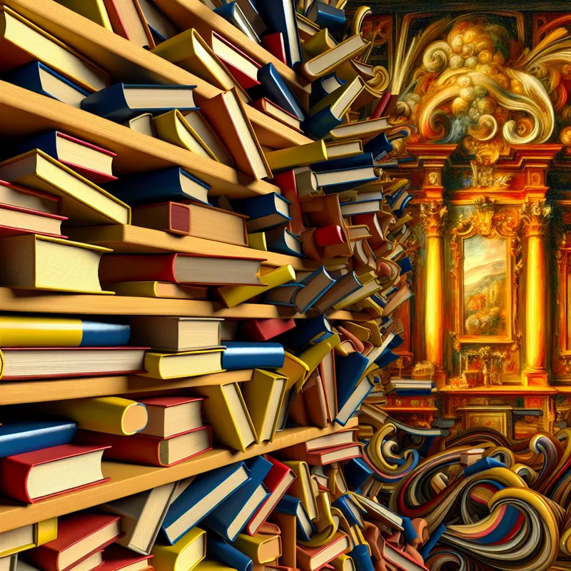 Barokke boekenkast met overlopende boeken in warme gouden verlichting