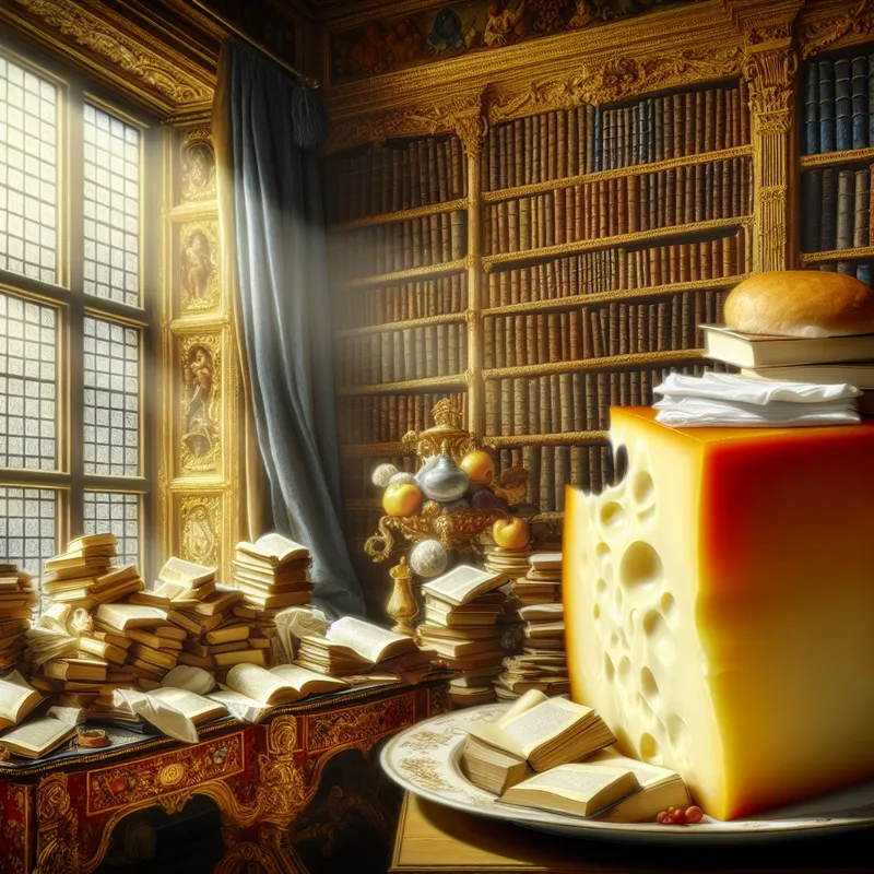 Een barokke bureau met een stapel boeken en een kaasplank, verlicht door zonlicht.