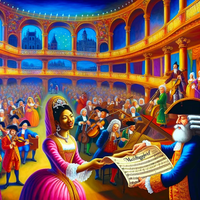 Een persoon overhandigt een prachtig versierd document 'Machtigingsbrief' aan een concertofficial in een levendige Barokke concertzaal.