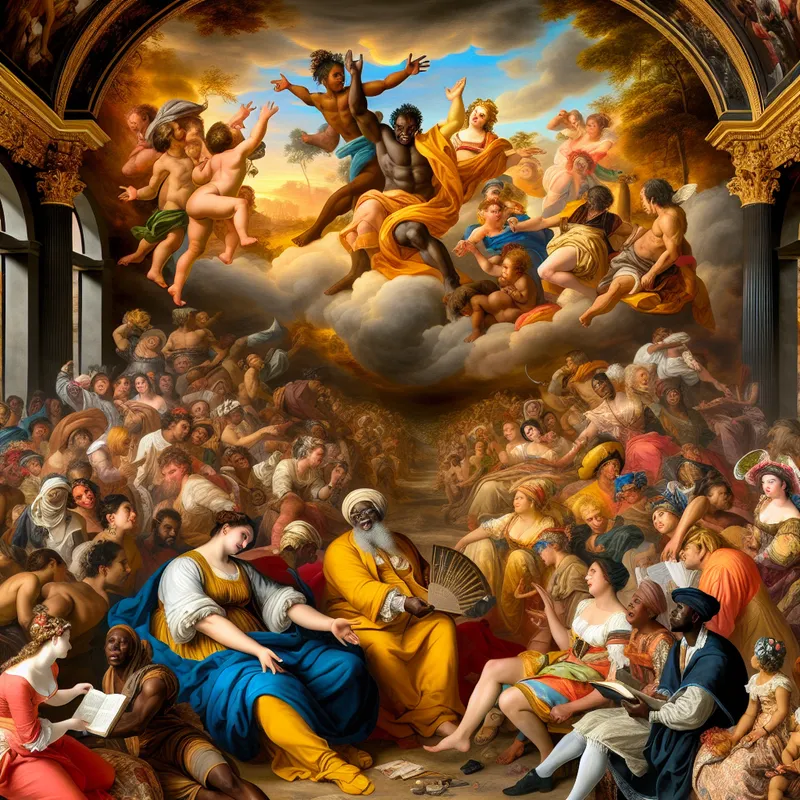 Een barokke scène waarin diverse culturele elementen samenkomen, met een grote vertelfiguur en kleurrijke personages in dialoog