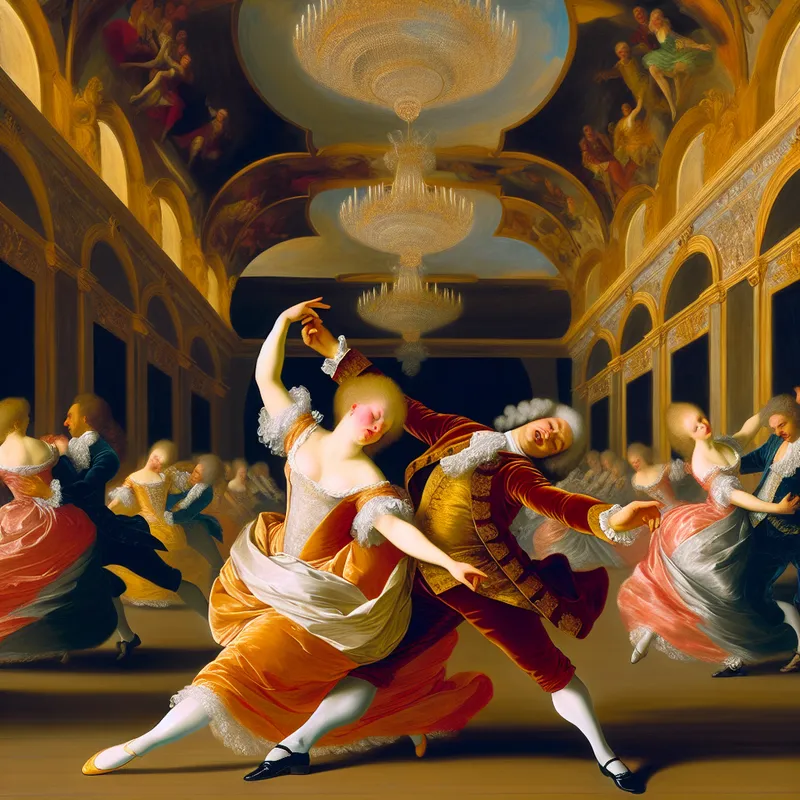 Barokke dansscène met een danspaar waar de man een misstap maakt tijdens een elegante dansbeweging