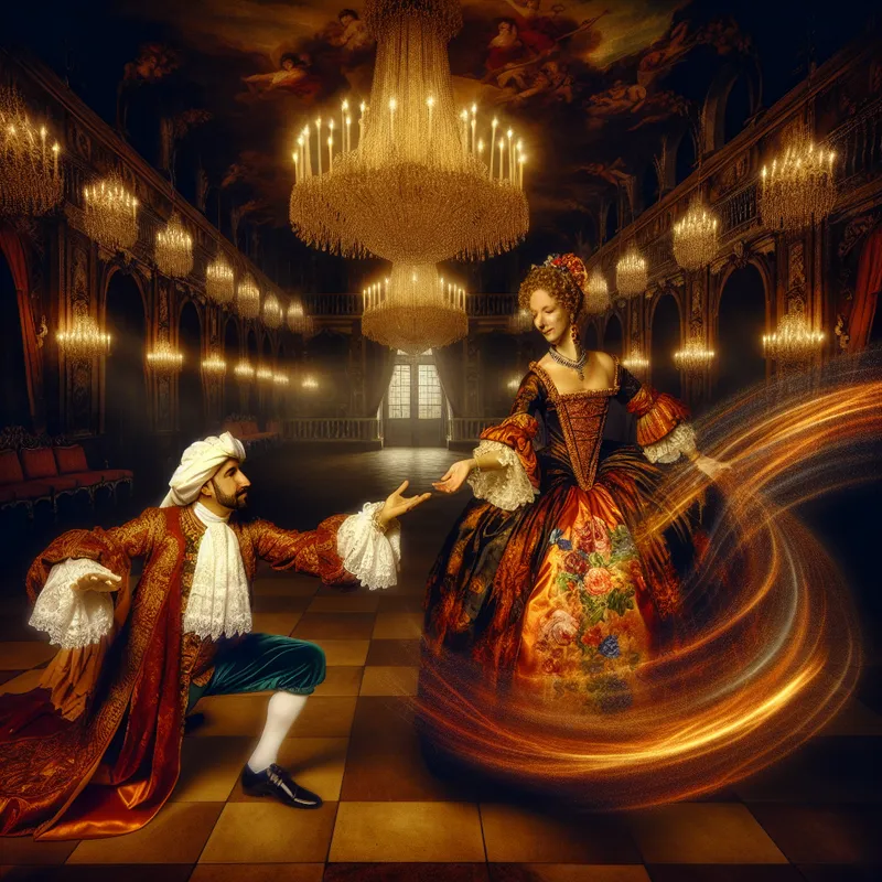Barokke dansscène met een heer die een dame uitnodigt voor een dans in een weelderige balzaal, 17e-eeuwse kleding en sierlijke bewegingen