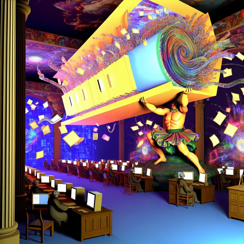 Barokke scène met een sterke figuur die een gloeiend bestand vasthoudt, omringd door vliegende digitale scrolls en boeken.