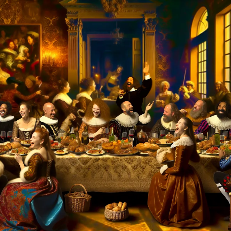 Barok tafereel met gasten rond een rijkversierde eettafel