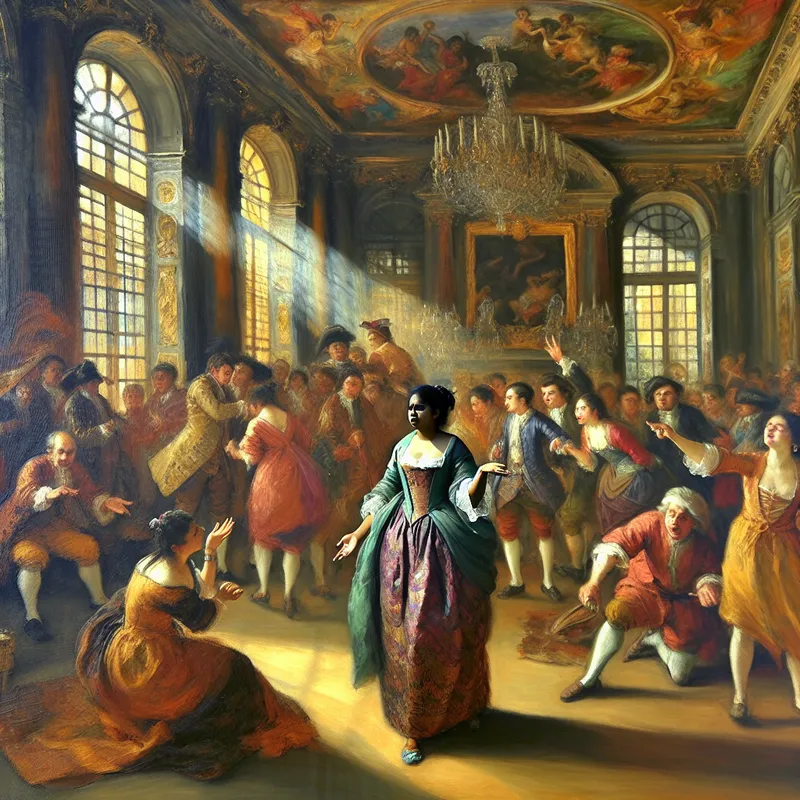 Een levendige bijeenkomst in een Barokke kamer waar diverse individuen een discussie voeren met uitdrukkingen van nieuwsgierigheid en verwarring.