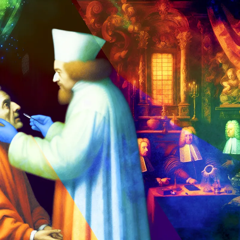 Een Barokke scène van een arts die energiek een zieke man onderzoekt in een 17e-eeuwse omgeving.