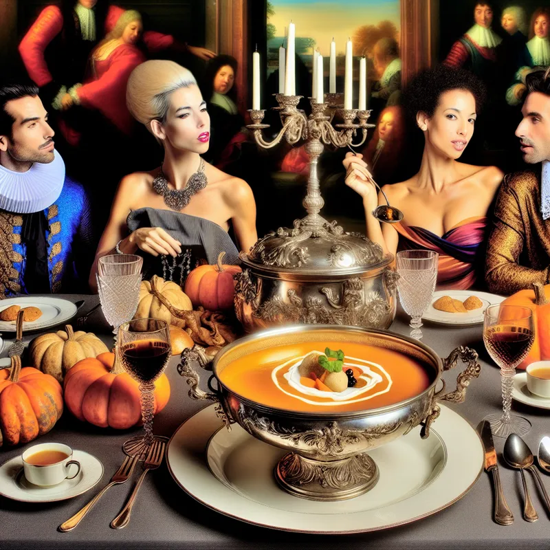 Barokke restauranttafel met luxe pompoensoep als eerste gang van een meer gangen diner, stijl van Peter Paul Rubens