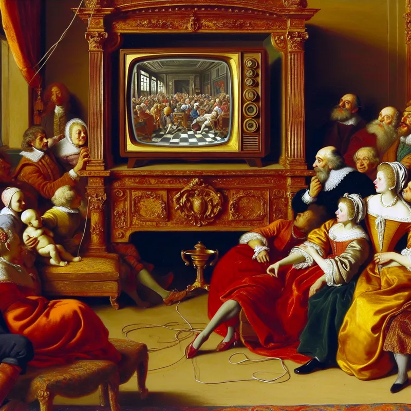 Barokke familietaferelen rond een antieke televisie met warme, levendige uitstraling in de stijl van Rubens