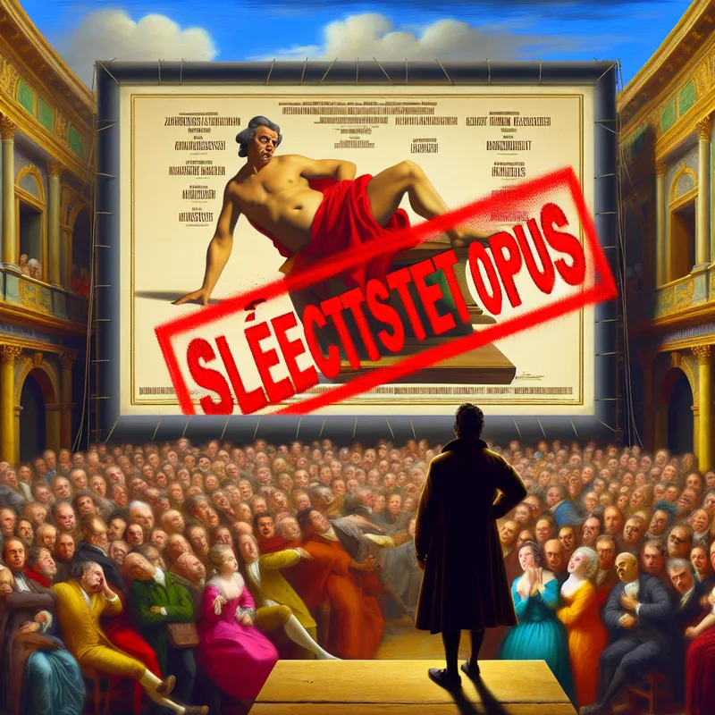 Barokke scène van een droevige filmregisseur naast een grote filmposter met het label 'Slechtste Opus', omringd door een ongeïnteresseerd publiek.
