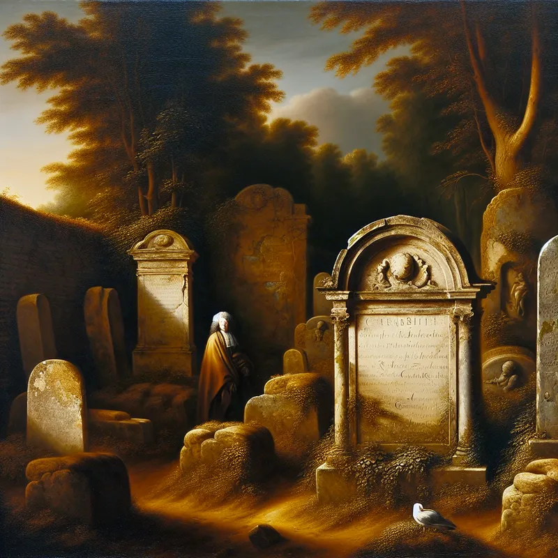 Barokke begraafplaats met een oude, met mos bedekte grafsteen uit de zeventiende eeuw, omringd door historische monumenten en contemplatieve figuren in periodiekleding