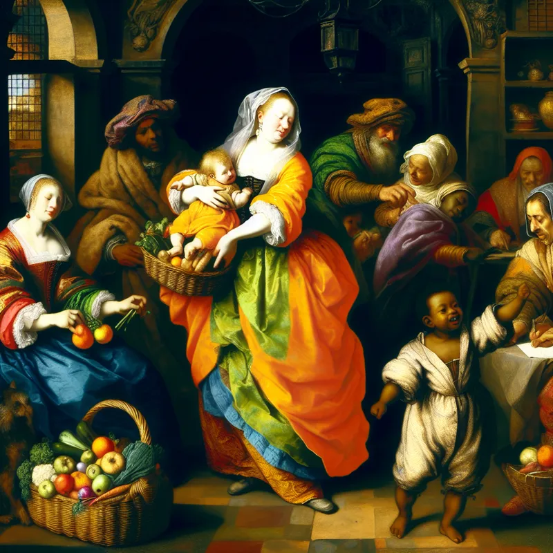 Vrouwelijke assistent in 17e-eeuwse kleding helpt levendig gezin met kinderen in een warme, barokke huiskamer