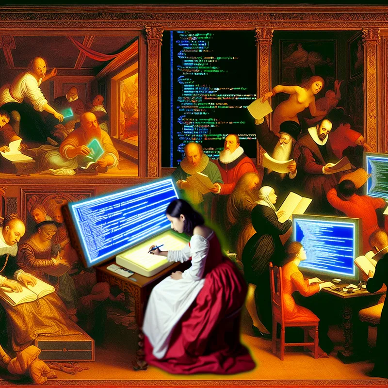 Barokke scene met diverse programmeurs vertrouwd met technologie in een levendige ruimte