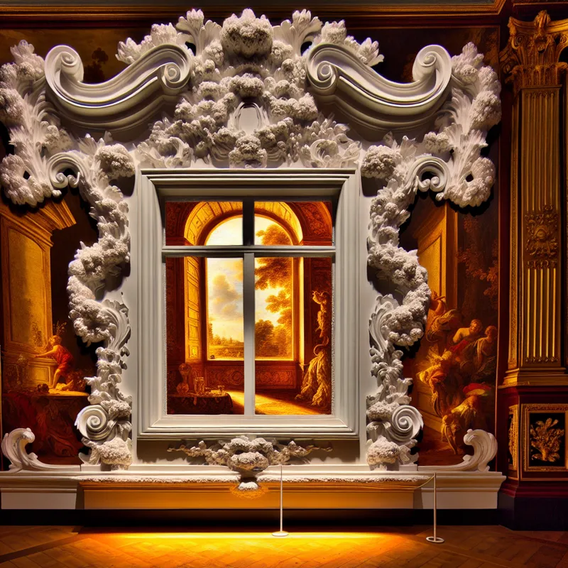 Barokke raamlijst met weelderige houtsnijwerk en bloemmotieven in een luxueuze kamer, gouden licht werpt dramatische schaduwen