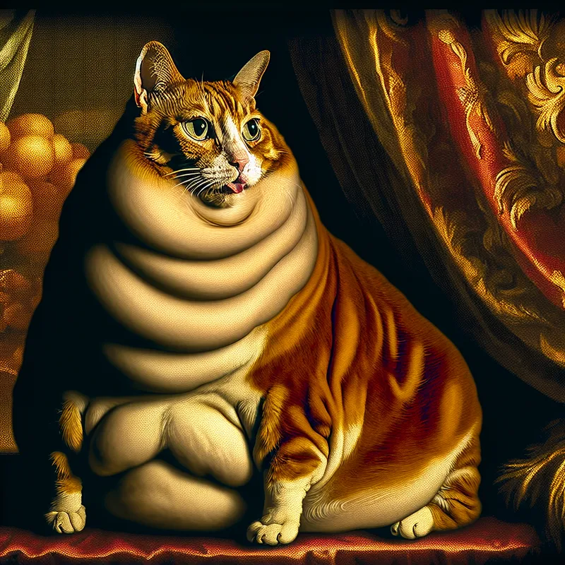 Weelderige barokke illustratie van een dikke kat met een opvallende vetzak onder de kin, geïnspireerd op Peter Paul Rubens