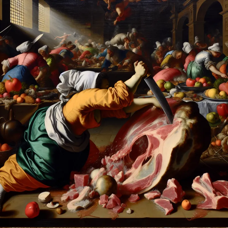 Een chaotische keuken waar een chef moeite heeft om een groot stuk vlees te snijden dat te zacht is, met een levendige achtergrond van groenten en fruit.