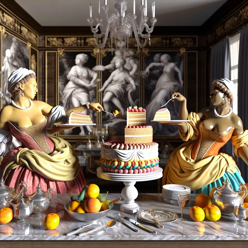 Twee elegante vrouwen in een barokke keuken delen een cake in drie gelijke stukken