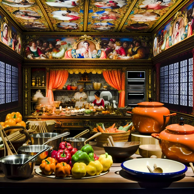 Barokke keuken met koks die een feest bereiden, vol kookgerei en een nieuwe oven.