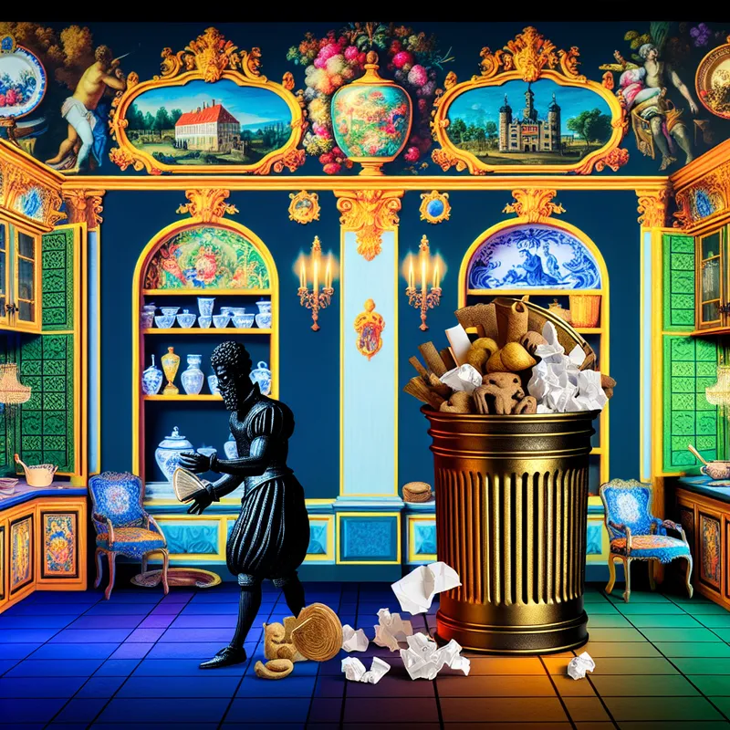 Elegante keuken in Barokstijl met een ongebruikelijke, overvolle vuilnisbak vol crumpled papier en organisch afval.