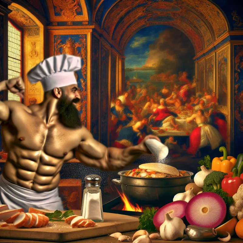 Barokke keukenscène met een chef die een smakelijk gerecht bereidt zonder zout toe te voegen, omringd door verse ingrediënten en weelderige details