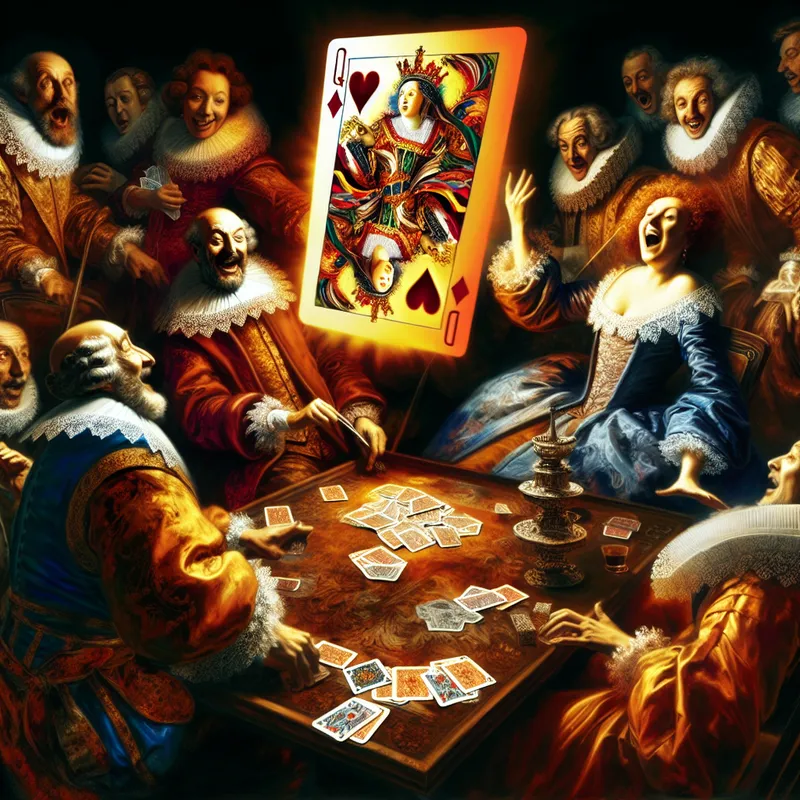 Barokke scène van een 17e-eeuws kaartspel met edelen, waarbij een speler een koninginnenkaart (dame) triomfantelijk op tafel legt