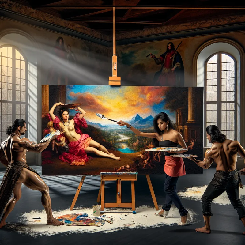 Een kunstenaar in een barokke studio werkt met een paletmes aan een groot canvas dat een levendig landschap toont met ruwgewerkte randen.