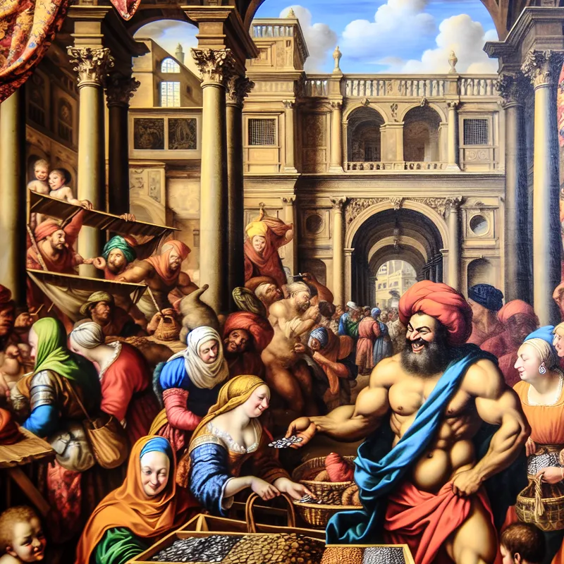 Een levendige barokke markt waar een man coins ontvangt voor zijn hulp in een winkel