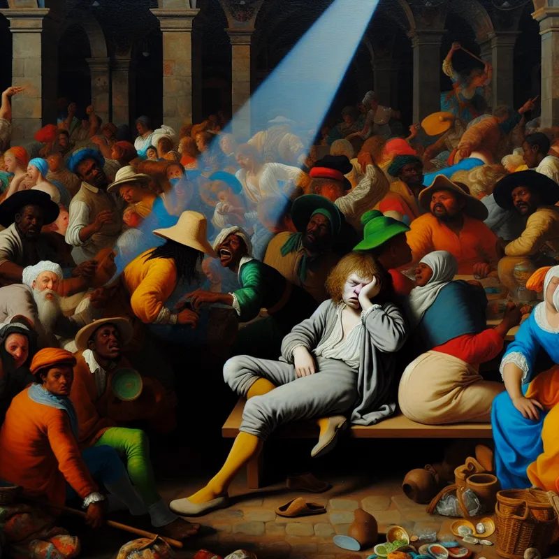 Een Barokscène met een groep mensen in een levendige markt. Een persoon zit op een bankje, zichtbaar verveeld en gaapt, terwijl om hen heen anderen enthousiast met elkaar omgaan.