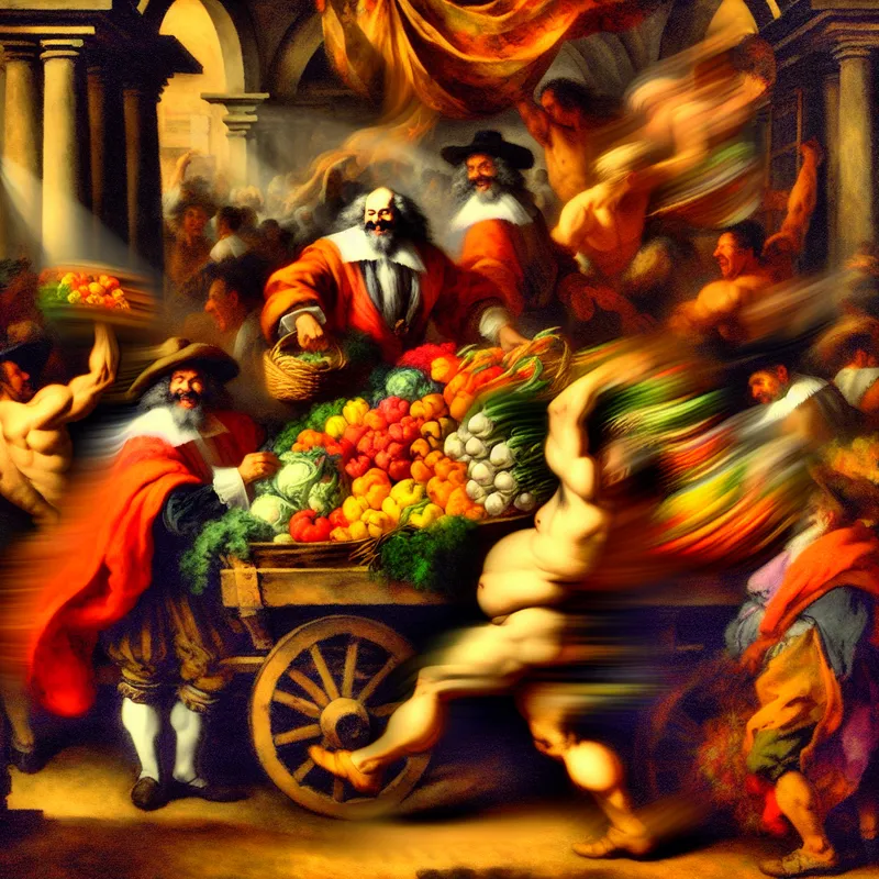 Barokke marktscène met dynamische handelaar die weelderige groenten verkoopt aan enthousiaste kopers in een 17e-eeuwse setting