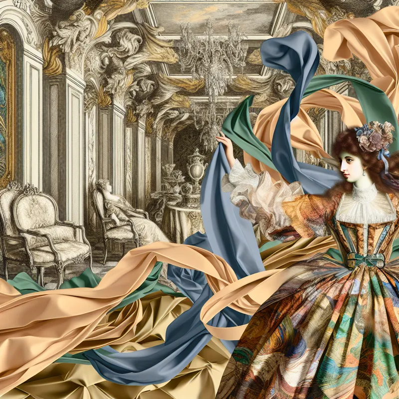 Vrouw in een luxe barokke modeoutfit die een satijnen lint strakker trekt om haar taille.