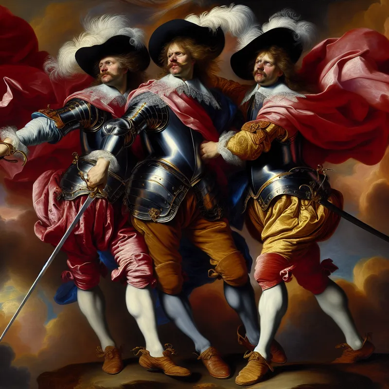 Drie musketiers in barokke stijl, staand in een dynamische compositie met zwaarden en 17e-eeuwse kleding, symboliserend een groep van drie personen
