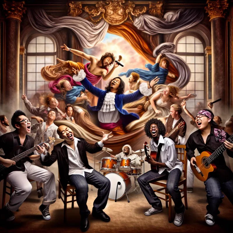 Barokke muziekgroep van vier energieke muzikanten die samen op een weelderig versierd podium optreden in de stijl van Peter Paul Rubens