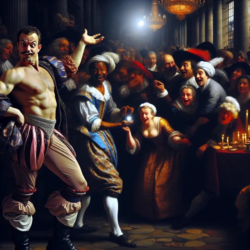 Barokke marktscène met een man die een klein, glinsterend voorwerp in zijn hand toont, symbool voor 'een neus hebben voor' iets waardevols