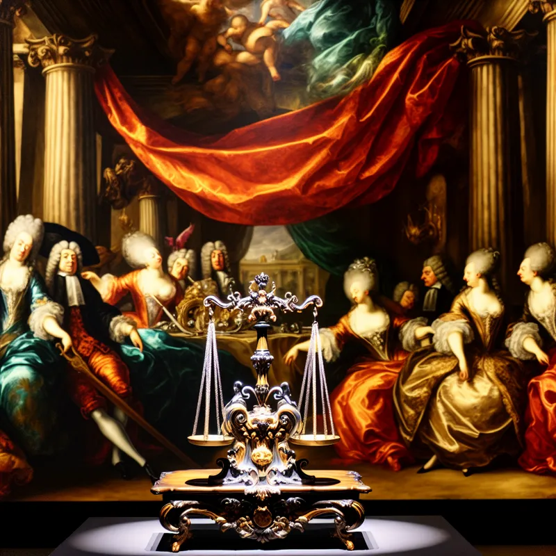 Een barokke scène met een gedetailleerde oordeelschaal op een luxe tafel, omringd door elegant geklede mensen die het oordeel wegwuiven.