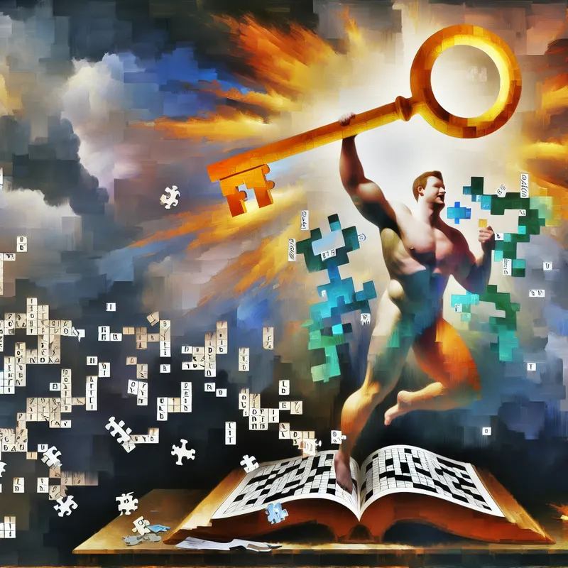 Heroïsche figuur houdt stralende sleutel met het woord OPLOSSING omhoog, omringd door puzzelstukjes, kruiswoordraadsels en wiskundige formules in een barokke compositie